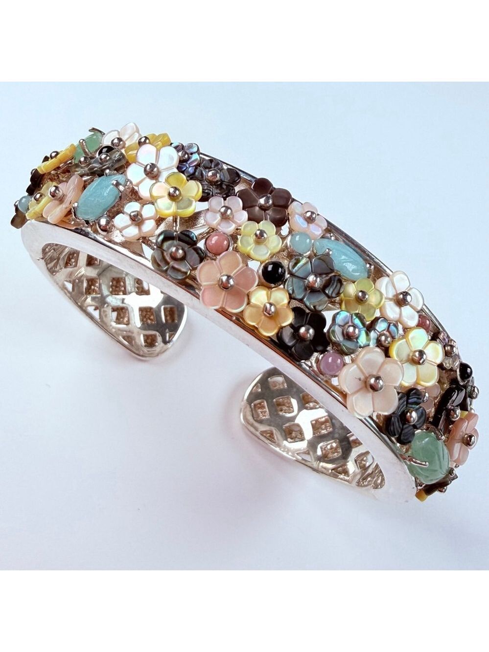 Whitney Kelly MOP Mosaic Flower Sterling Silver 925 Cuff 18.5mm VTG Bracelet
